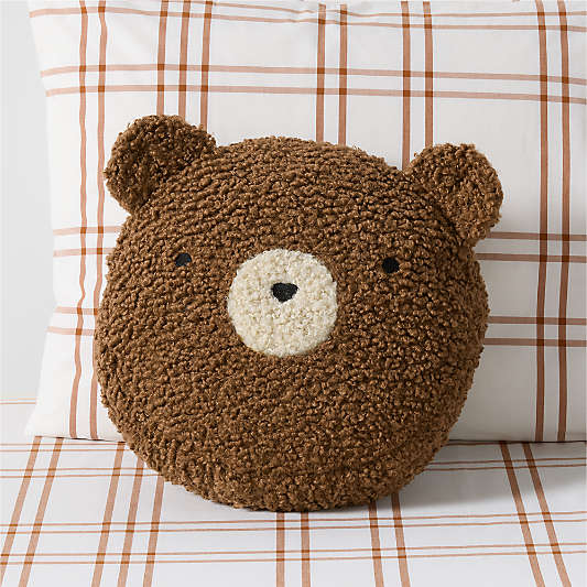 Cuddle Brown Sherpa Bear Face Embroidered Kids Throw Pillow