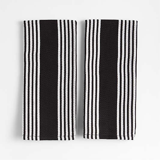 Cuisine Inverse Stripe Black Organic Cotton Kitchen Towels, Set of 2