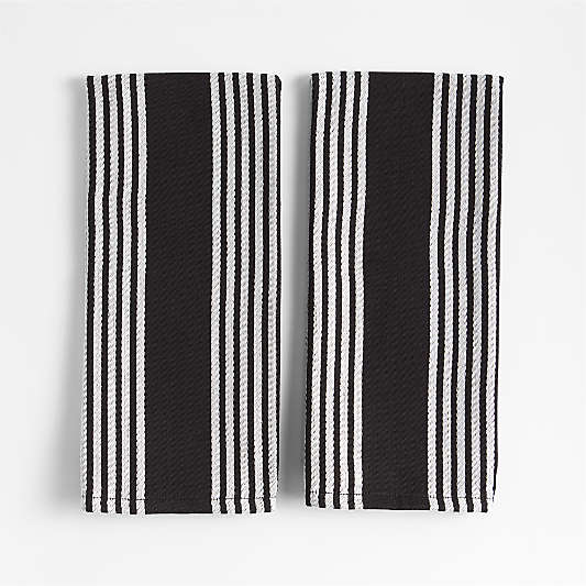 Cuisine Inverse Stripe Black Organic Cotton Kitchen Towels, Set of 2