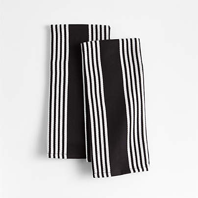 Cuisine Inverse Stripe Black Organic Cotton Kitchen Towels, Set of 2