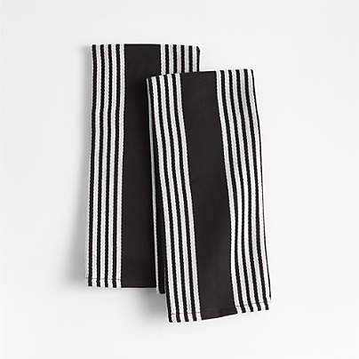 Cuisine Inverse Stripe Black Organic Cotton Kitchen Towels, Set of 2