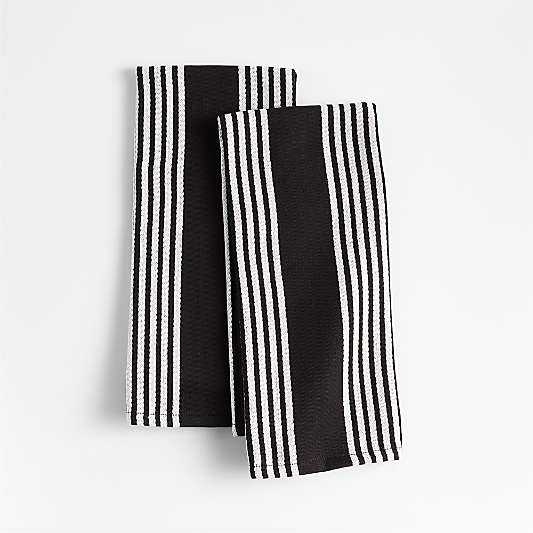 Cuisine Inverse Stripe Black Organic Cotton Kitchen Towels, Set of 2