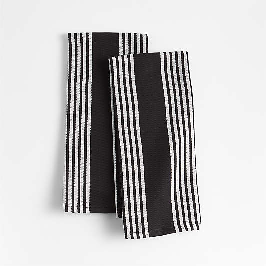 Cuisine Black with White Stripe Organic Cotton Kitchen Towels, Set of 2