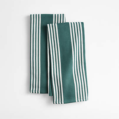 Cuisine Green with White Stripe Organic Cotton Kitchen Towels, Set of 2