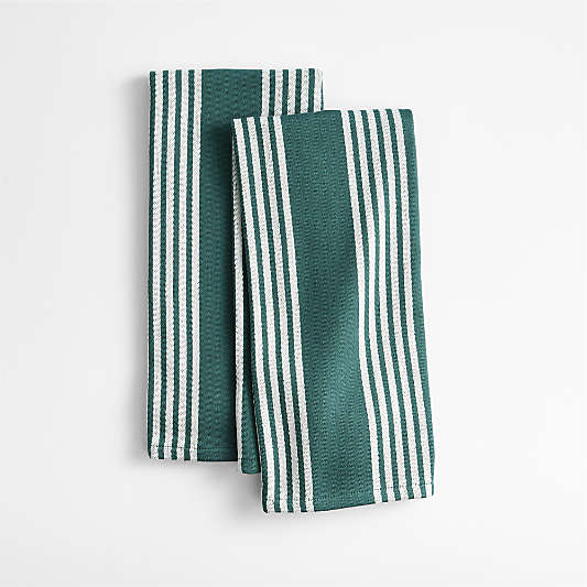 Cuisine Green with White Stripe Organic Cotton Kitchen Towels, Set of 2