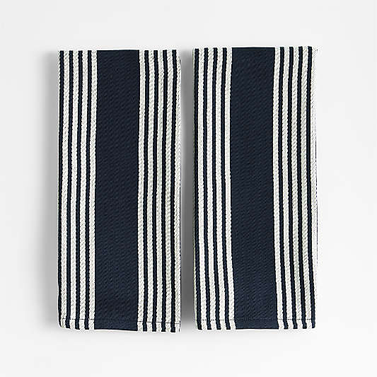 Cuisine Inverse Stripe Indigo Organic Cotton Kitchen Towels, Set of 2