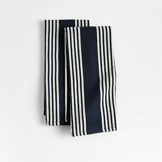 Cuisine Indigo with White Stripe Organic Cotton Kitchen Towels, Set of 2