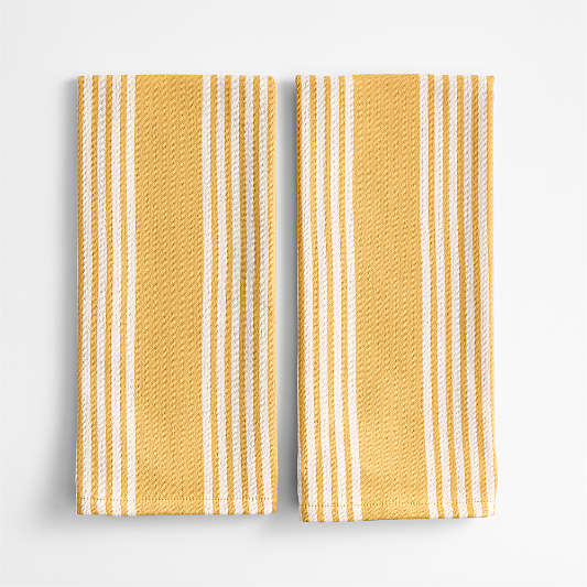 Cuisine Inverse Stripe Saffron Yellow Organic Cotton Kitchen Towels, Set of 2