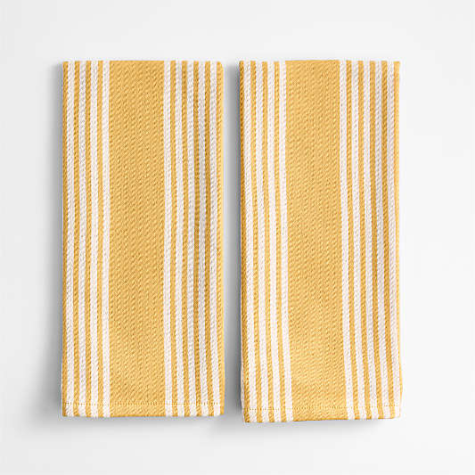 Cuisine Inverse Stripe Saffron Yellow Organic Cotton Kitchen Towels, Set of 2