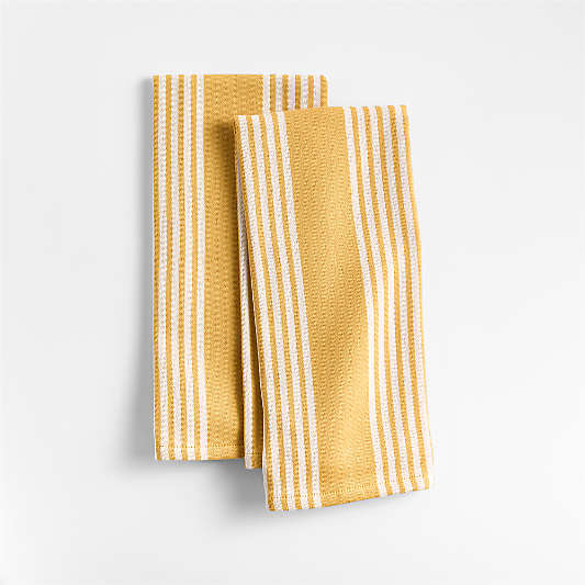 Cuisine Inverse Stripe Saffron Yellow Organic Cotton Kitchen Towels, Set of 2