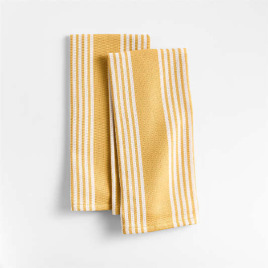 Cuisine Inverse Stripe Saffron Yellow Organic Cotton Kitchen Towels, Set of 2