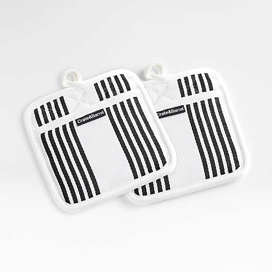 Cuisine Stripe Black Organic Cotton Pot Holders, Set of 2