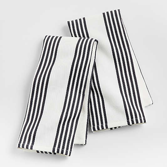 Cuisine Stripe Black Organic Cotton Kitchen Towels, Set of 2