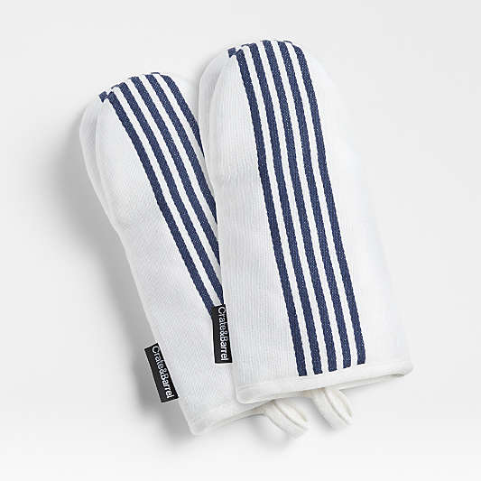 Cuisine Stripe Indigo Organic Cotton Oven Mitts, Set of 2