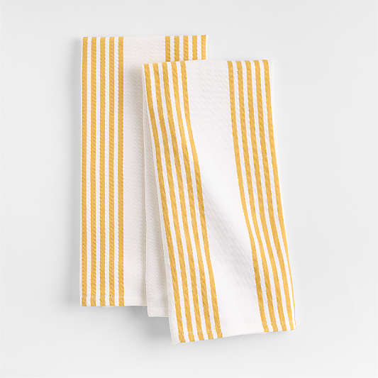 Cuisine Stripe White with Yellow Stripe Organic Cotton Dish Towels, Set of 2