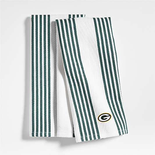 NFL Cuisine White with Green Stripe Organic Cotton Dish Towels, Set of 2