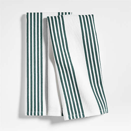 Cuisine Stripe Pendula Green Organic Cotton Kitchen Towels, Set of 2