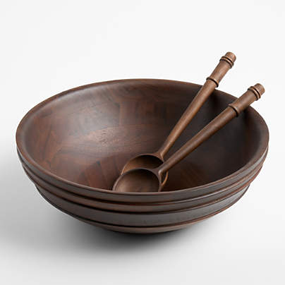 Coventry Carved Wood Serving Bowl & Serving Utensil Set