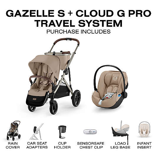 Cybex Gazelle S Almond Beige with Taupe Frame Baby Stroller + Cloud G Pro Travel System