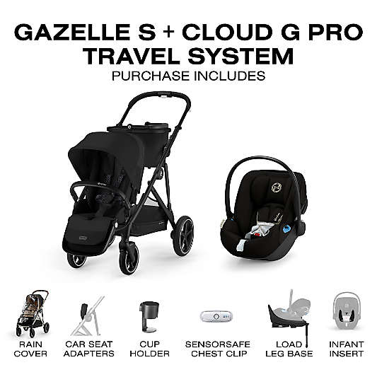 Cybex Gazelle S Moon Black with Black Frame Baby Stroller + Cloud G Pro Travel System