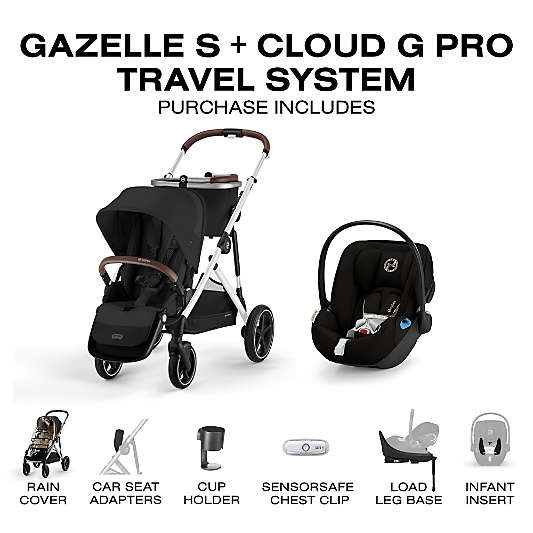 Cybex Gazelle S Moon Black with Silver Frame Baby Stroller + Cloud G Pro Travel System