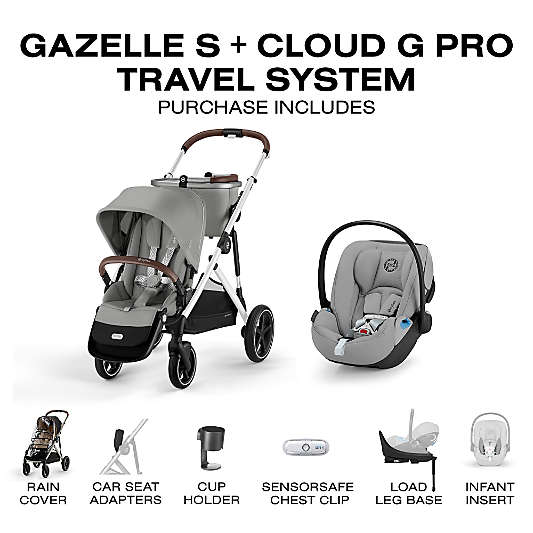 Cybex Gazelle S Stone Grey with Silver Frame Baby Stroller + Cloud G Pro Travel System