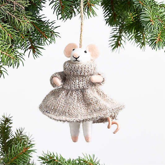 Felted Wool Mouse with Cozy Dress Christmas Tree Ornament