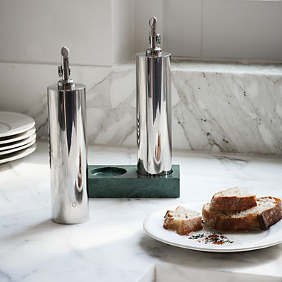 View Geneve Recycled Stainless Steel Cruet Set with Green Marble Base by Daniel Humm details