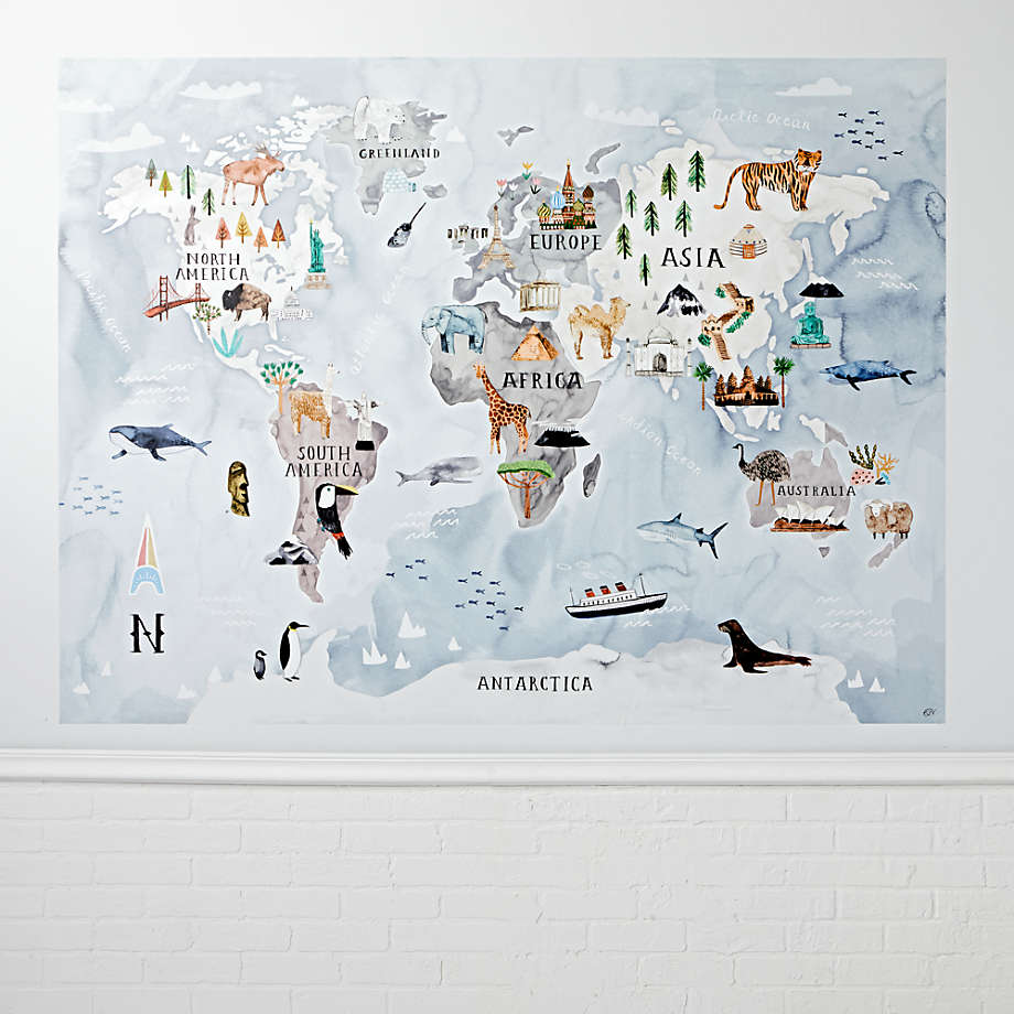 Watercolor World Map Mural Decal (Open Larger View)