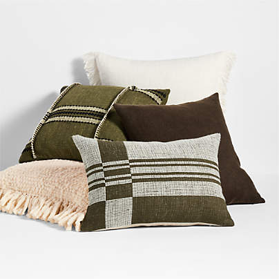 Deep Brown and Burnt Green Throw Pillow Arrangement