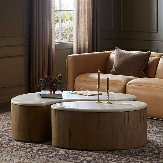 Dexter Cappuccino Marble and Brown Oak Wood Nesting Coffee Tables