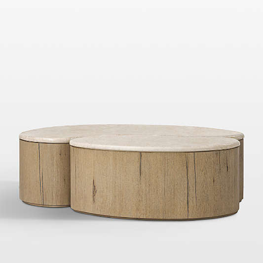 Dexter Cappuccino Marble and Brown Oak Wood Nesting Coffee Tables
