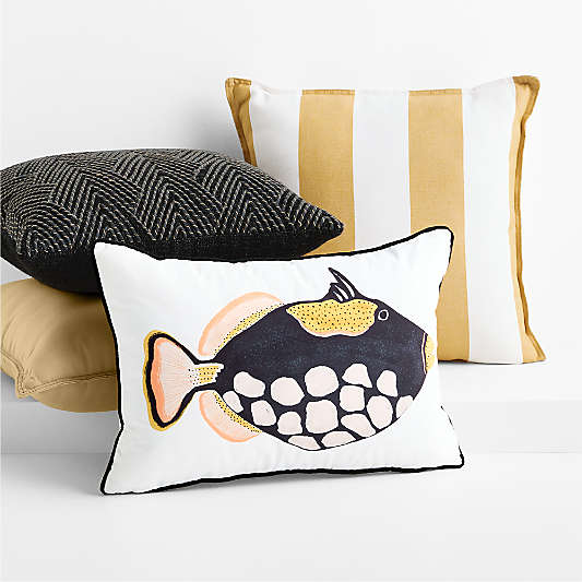 Dotted Reef Fish Ink Black and Wheat Yellow Outdoor Throw Pillow Arrangement