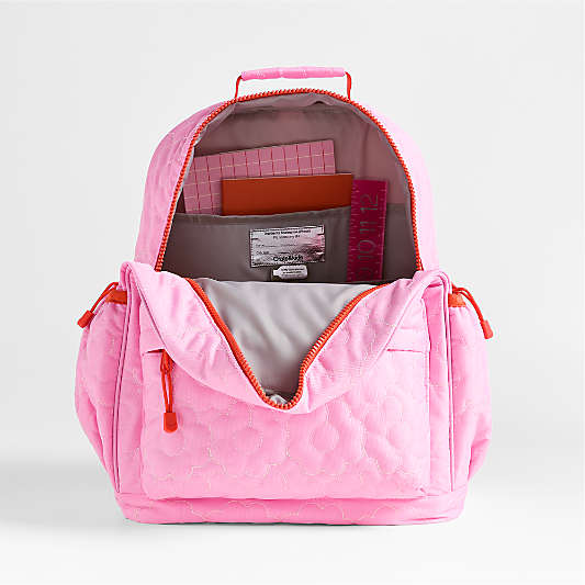 Quilted Pink Flower Large Kids Backpack with Side Pockets