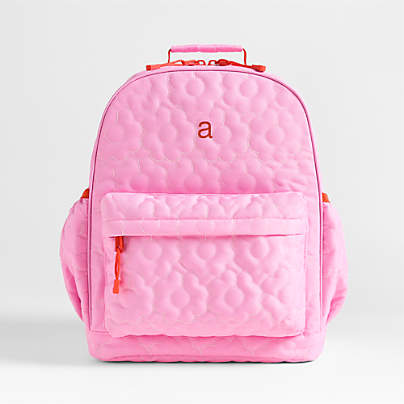 Quilted Pink Flower Large Kids Backpack with Side Pockets
