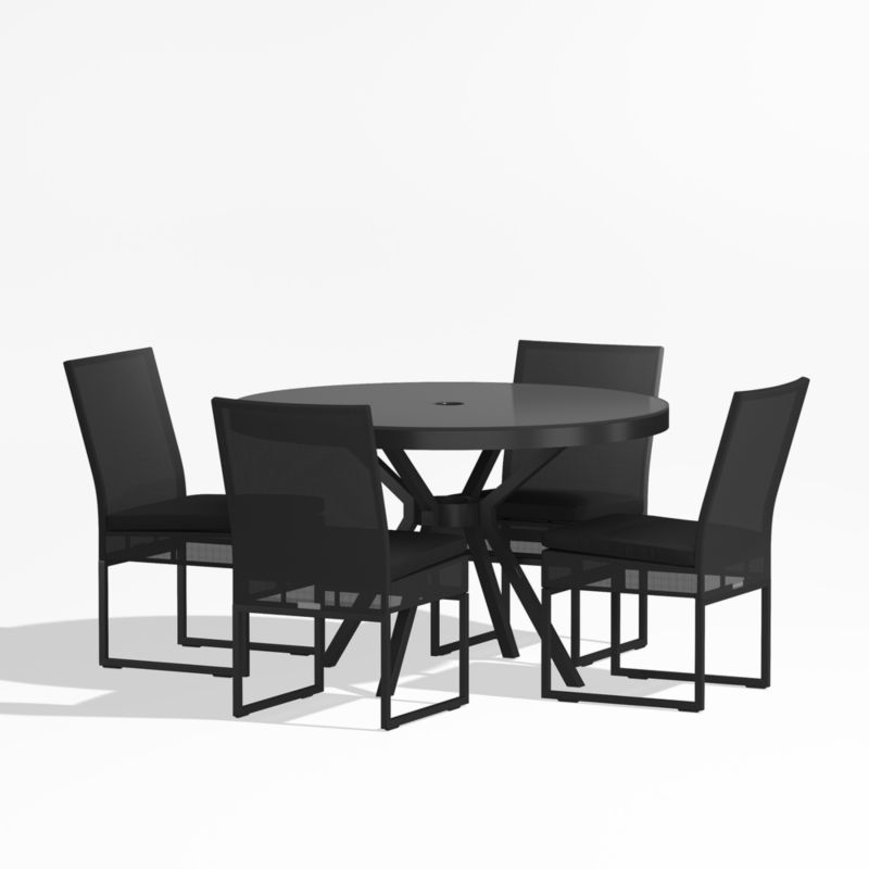 Dune 48" Black Glass Outdoor Dining Table Set with Black Cushions