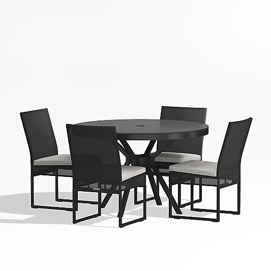 Dune 48" Black Glass Outdoor Dining Table Set with White Cushions