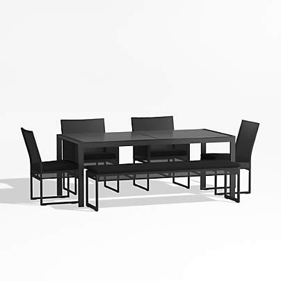 Dune 76" Black Glass Outdoor Dining Table Set with Bench