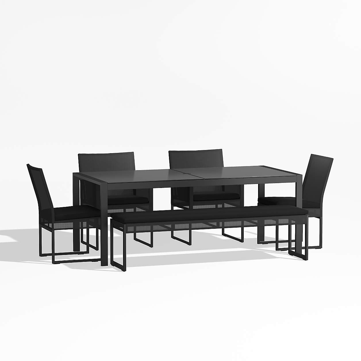 Dune 76 black glass outdoor dining table set with bench crate barrel