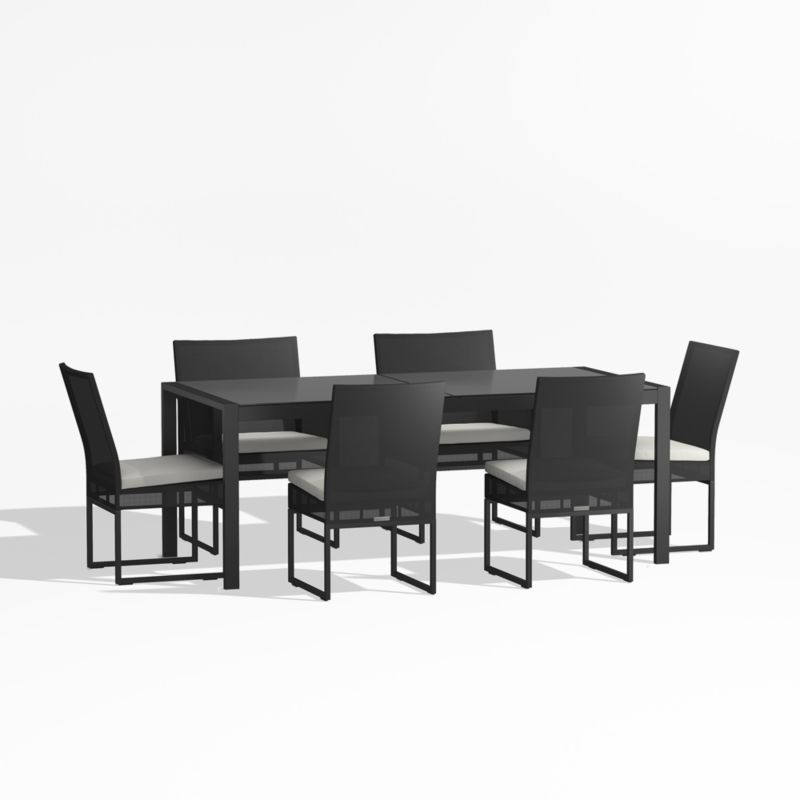 Dune Black Glass Outdoor Dining Table Set with White Cushions