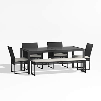 Dune 76" Black and White Glass Outdoor Dining Table Set with Bench