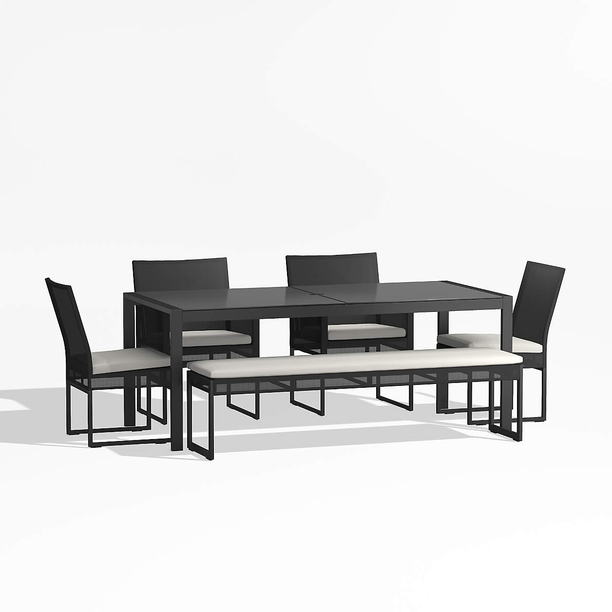 Dune 76" Black and White Glass Outdoor Dining Table Set with Bench | Crate & Barrel
