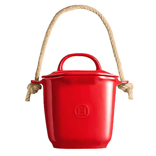 Emile Henry Burgundy Ceramic Compost Bin with Lid and Rope Handle