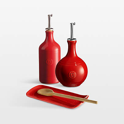 Emile Henry Oil Cruet and Spoon Rest Set in Burgundy