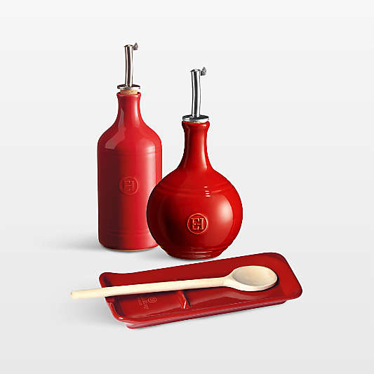 Emile Henry Oil Cruet and Spoon Rest Set in Burgundy