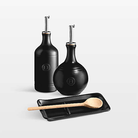 Emile Henry Oil Cruet and Spoon Rest Set in Truffle