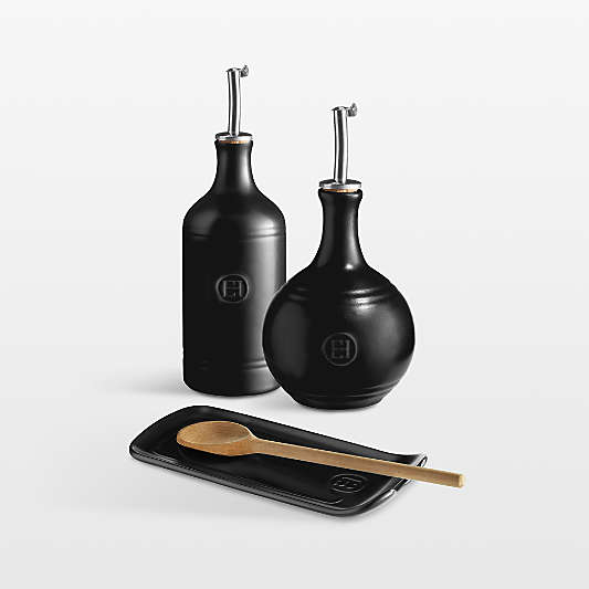 Emile Henry Oil Cruet and Spoon Rest Set in Truffle