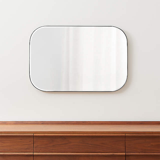 Edge Silver Rounded Rectangle Mirror, Polished Nickel Rectangular Bathroom Mirror