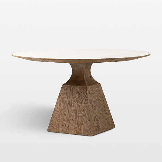 Eila 53" White Marble and Oak Wood Round Pedestal Dining Table