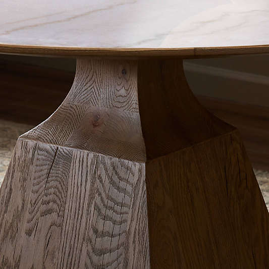 Eila 53" White Marble and Oak Wood Round Pedestal Dining Table